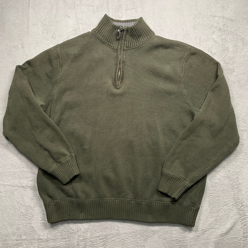 Eddie Bauer Sweater Mens XL Green Quarter Zip Cotton Mock Neck Ribbed Knit